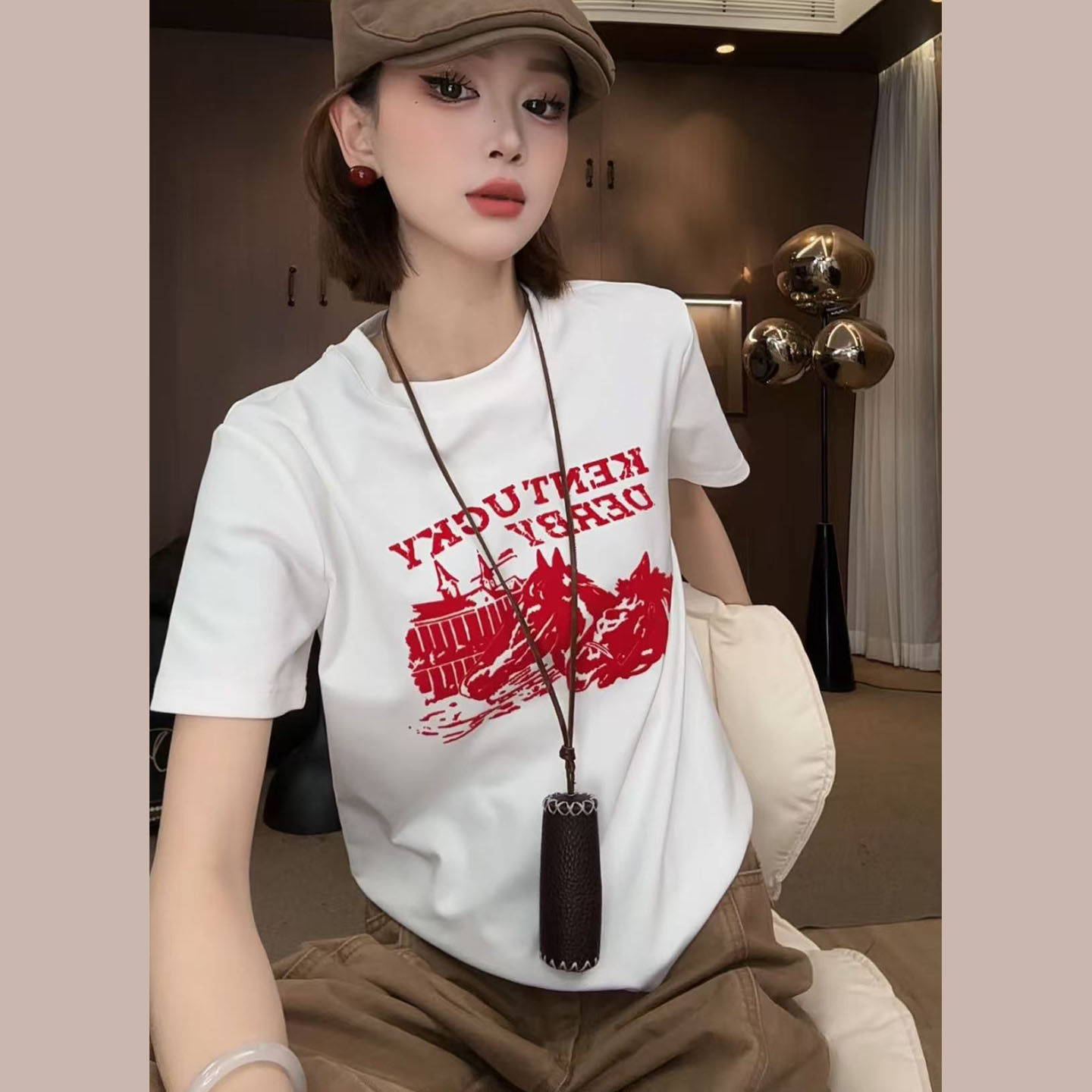 Angelhue肯塔基印花复古短袖T恤女正肩纯棉显瘦百搭休闲上衣ins潮