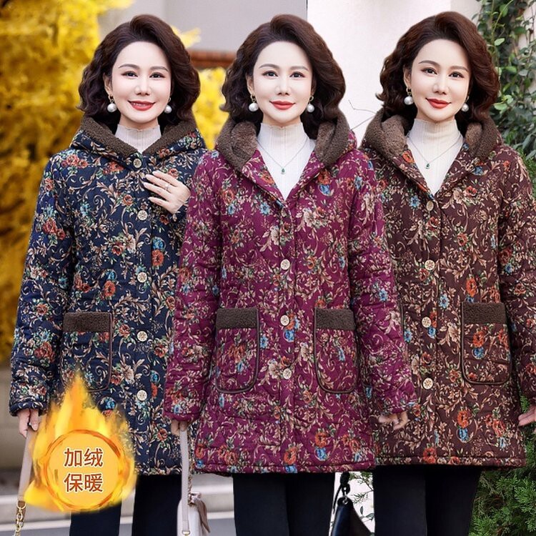 中老年人棉衣女中长款妈妈冬装加绒加厚保暖棉袄新款奶奶老人衣服