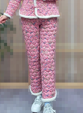 东北大花裤复古风喇叭裤女士秋冬微喇碎花外穿棉裤休闲印花长裤女