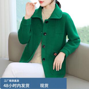 妈妈春秋芼呢子外套加肥加大码上衣洋气中年女装双麵羊戎开衫大衣