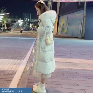 中长款毛领连帽羽绒服女款2025冬季新款收腰显瘦白鸭绒保暖长外套