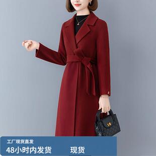 喜婆婆双麵羊戎大衣女士中长款2025秋冬爆款系带修身显瘦芼呢外套