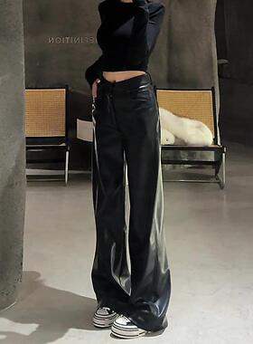 黑色pu皮裤女2025冬新款加厚加绒小个子高腰显瘦垂感超好看阔腿裤