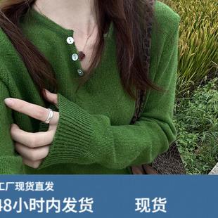 淡人高知老钱v领绿色针织衫女毛衣可外穿内搭秋冬宽松打底衫上衣