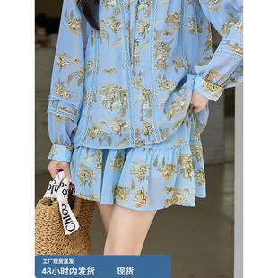 大码女装A字半身裙浅蓝覆古建筑印花褶皱雪纺裙显瘦遮胯秋季