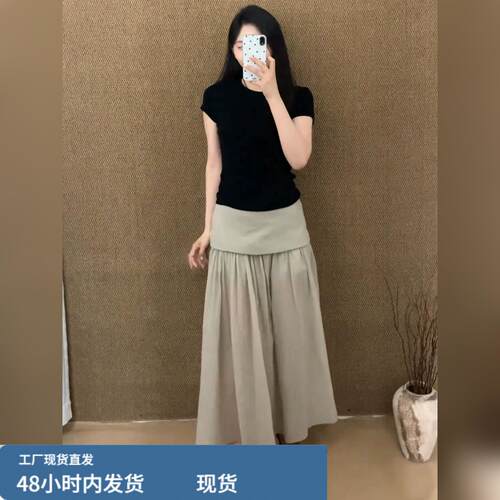 2026夏季极简风收腰短袖T恤半身裙两件套女夏季大码显瘦气质套装