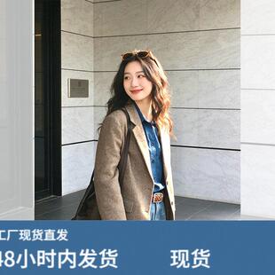 美式通勤风复古毛呢西装外套女春季新款高级感中长款单排扣外套潮
