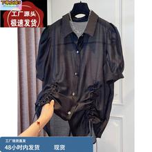 设计感高级短袖t恤法式衬衫女夏胖妹妹洋气衬衣遮肚子不规则上衣