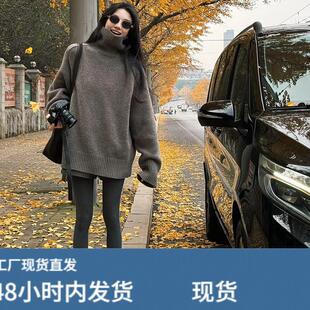 冬季慵懒风韩系高级棕色高领中长版毛衣超好看时髦简约打底针织衫