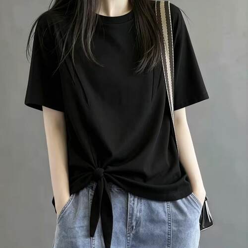 极简风黑色扭结短袖t恤女2026夏季大码胖MM休闲宽松洋气百搭上衣