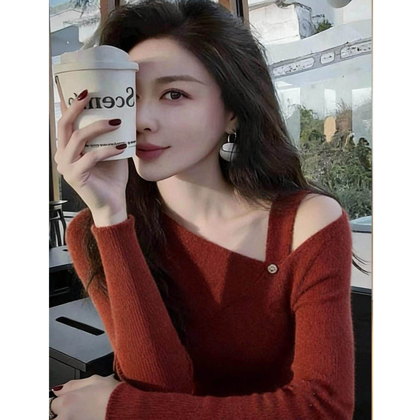 高级感绝美红色斜领露肩长袖毛衣针织衫女秋冬款显瘦减龄百搭上衣,模玩/动漫/周边/娃圈三坑/桌游,Cosplay女装/cos女装,淘宝优惠券,粉丝福利购,淘宝优惠卷