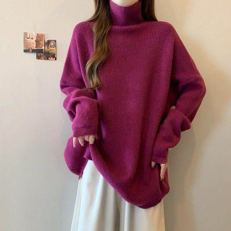 玫紫色高领加厚针织毛衣女秋季大码胖mm显瘦内搭中长款打底衫上衣