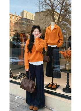 橙色v领套头毛衣女2025新款冬季软糯慵懒宽松内搭翻领针织衫上衣