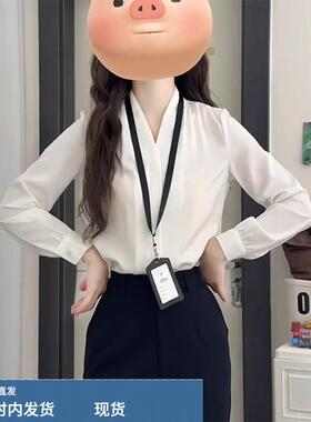 白色通勤风V领衬衫女春夏欧货轻熟长袖宽松职业面试百搭气质上衣
