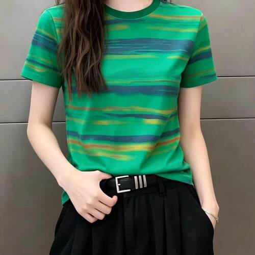 休闲宽松绿色条纹短袖T恤女装2026夏季新款大码胖MM百搭圆领上衣