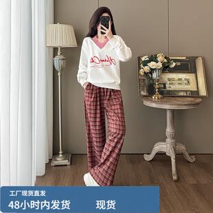 学院风运动服套装女秋季宽松显瘦韩版学生连帽卫衣格纹阔腿两件套