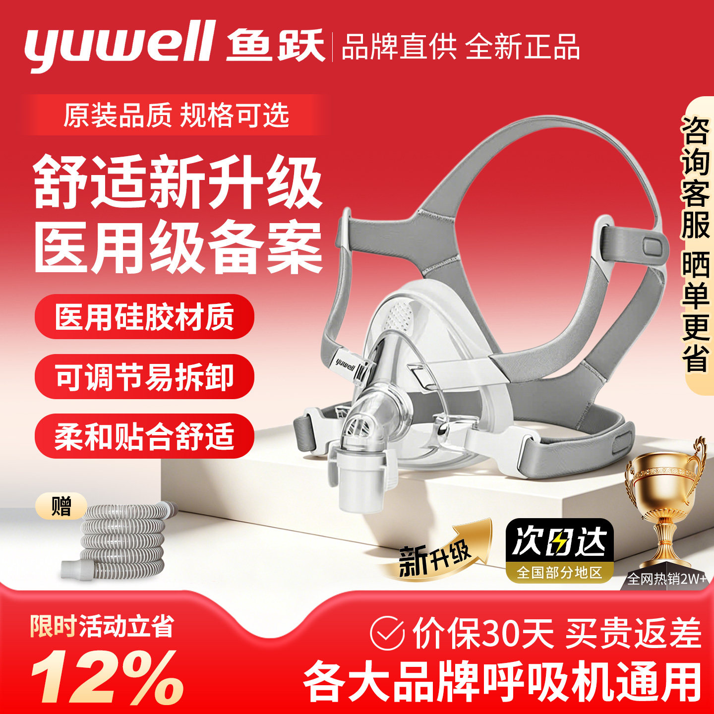 鱼跃呼吸机面罩家用睡眠呼吸器鼻罩头戴口鼻罩原装通用型配件系列