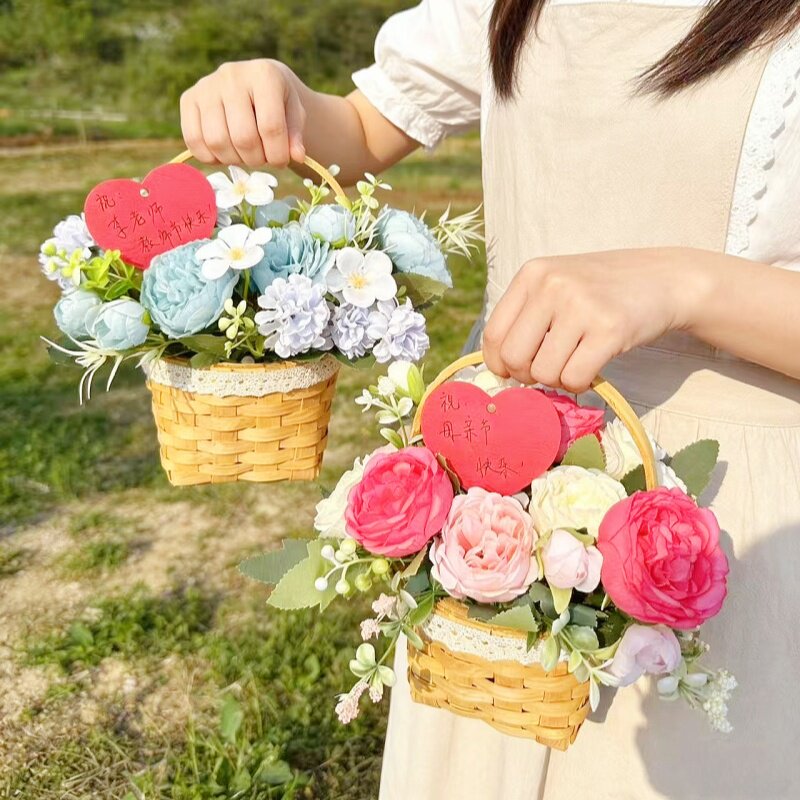 手提插花花篮竹篮子藤编小花篮节日礼蓝仿真花材料包团建沙龙礼物