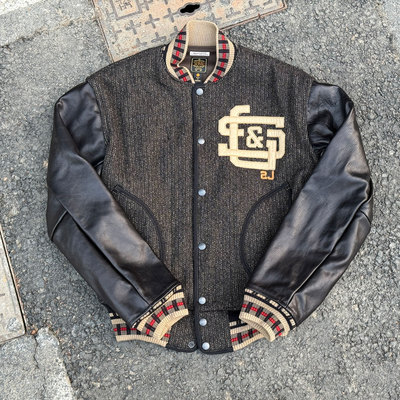 Gypsy Sons 日本制高密度胡椒盐羊毛植鞣马皮袖复古棒球夹克