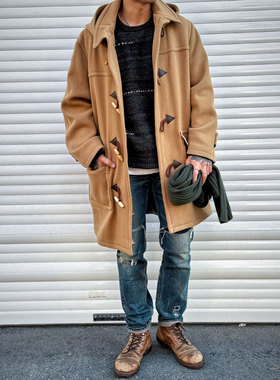 Workers Japan保暖有型 重磅羊毛尼龙混纺人字纹木扣牛角扣大衣