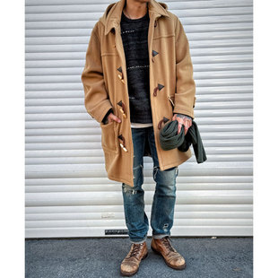 Workers Japan保暖有型 重磅羊毛尼龙混纺人字纹木扣牛角扣大衣