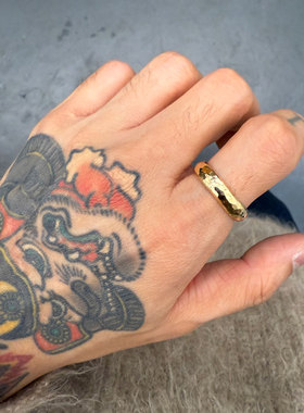 锤目纹18K金全金复古戒指