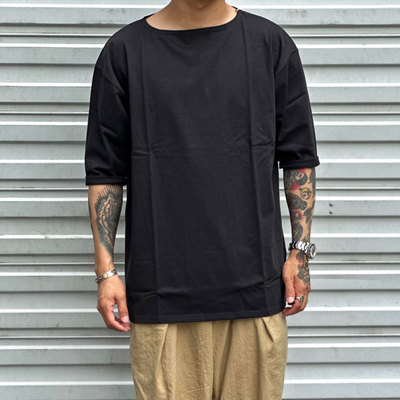 重磅复古一字领五分袖纯色T恤