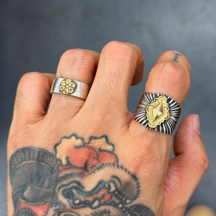 Dear Blossom 情侣款 日本手打18K金蔷薇花点金平打复古戒指