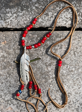 950银珠做旧大号羽毛项链套组