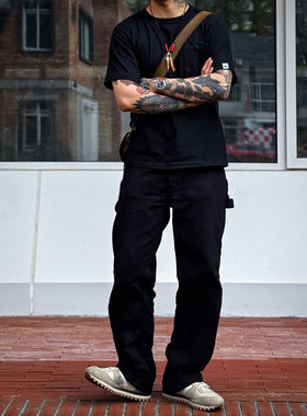 Workers Japan百搭黑牛 撸猫日刺子质感黑色帆布三本针画家工装裤