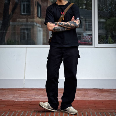 Workers Japan百搭黑牛 撸猫日刺子质感黑色帆布三本针画家工装裤