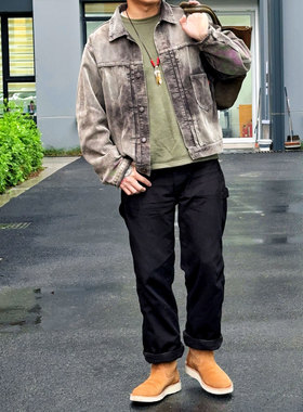 Workers Japan百搭黑牛 撸猫日刺子质感黑色帆布三本针画家工装裤