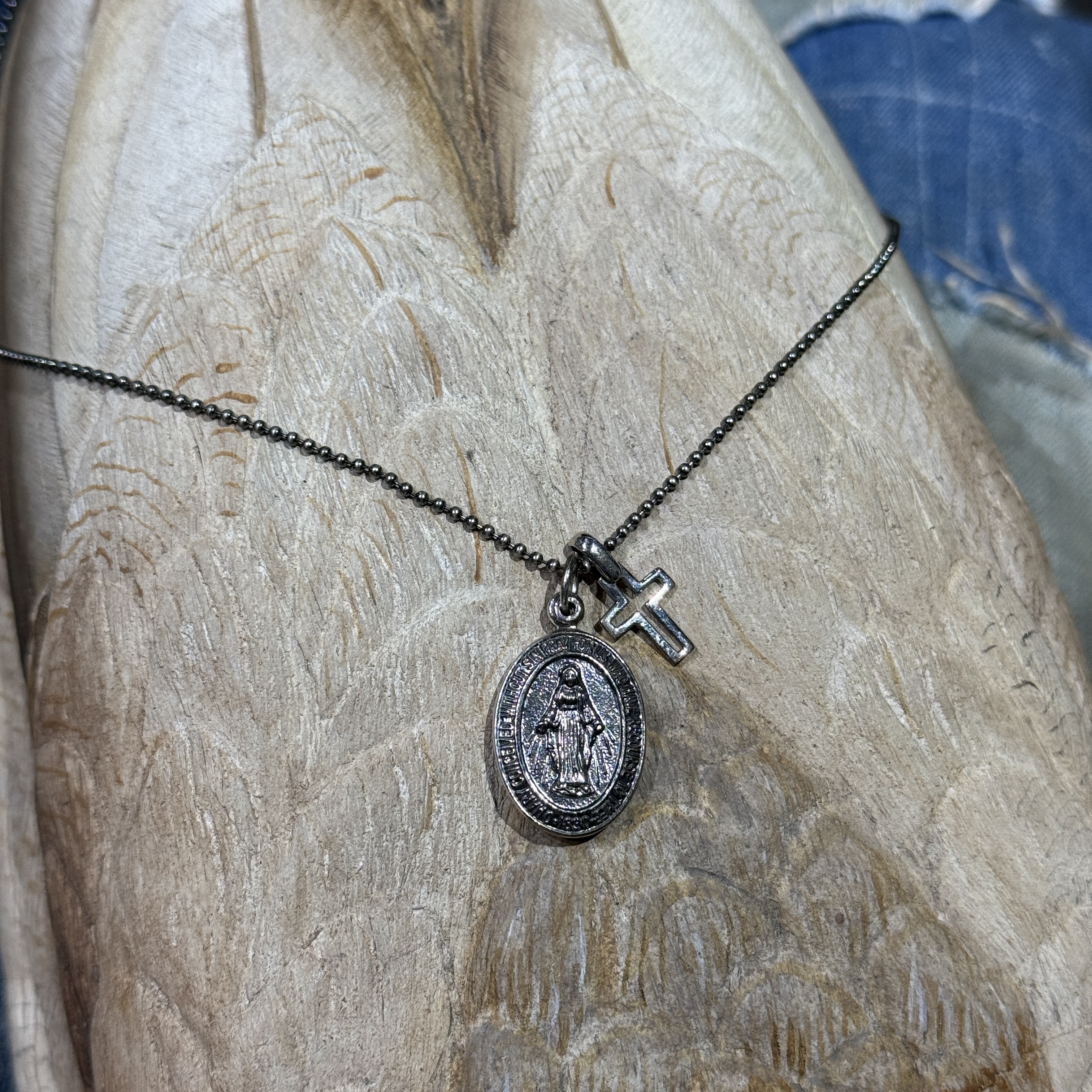 AMP Japan 日本手作3D浮雕人像字母镂空十字架925全银套装项链