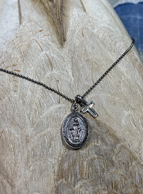 AMP Japan 日本手作3D浮雕人像字母镂空十字架925全银套装项链