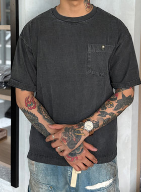 BARNS日产老式梭织机制重磅复古合金菊花扣口袋纯色圆领短袖T恤