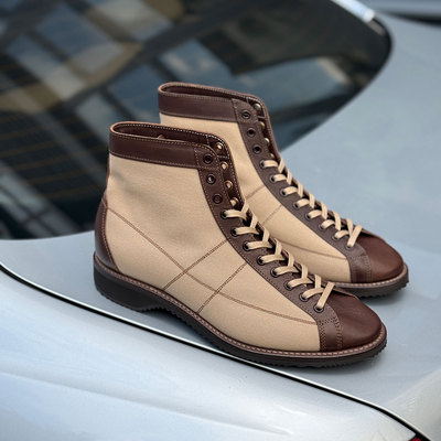 Brother Bridge单宁酸植鞣油润马皮拼高密度帆布复古短脸拳击手靴