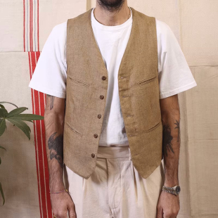 East Harbour 意大利制 100%亚麻高定木扣多袋复古双拼色工装马甲