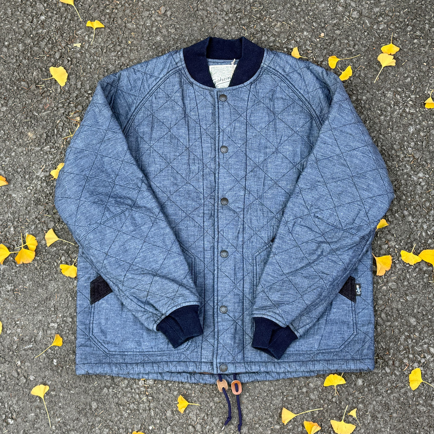 Go Hemp 水洗做旧 indigo 蓝染复古菱格抓绒内衬教练棒球夹克