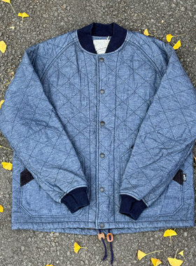 Go Hemp 水洗做旧 indigo 蓝染复古菱格抓绒内衬教练棒球夹克