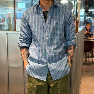 宽松风 Boy City indigo天然蓝染骚粉手工刺子工装 衬衫 日本 Kuon