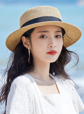 平顶草帽女夏海边遮阳帽子防晒防紫外线2026新款时尚显脸小太阳帽