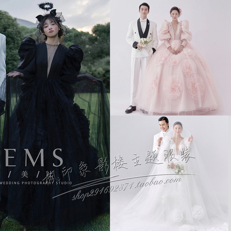 影楼主题服装展会新款深V领泡泡袖蓬蓬裙情侣韩版高定旅拍婚纱照