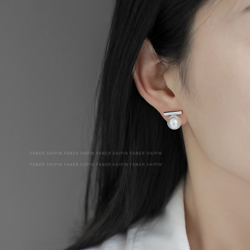 极简平衡木珍珠耳钉女S925银针