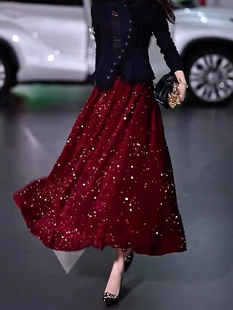 加绒2025新款半身裙秋冬酒红色丝绒亮片亮闪闪垂感大摆重工跳舞