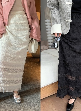 欧洲站2025春季法式高腰层层木耳边蛋糕裙温柔风蕾丝半身裙中裙女