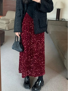 新年圣诞红色丝绒亮片a字半身裙女秋冬季小个子中长款高腰直筒裙