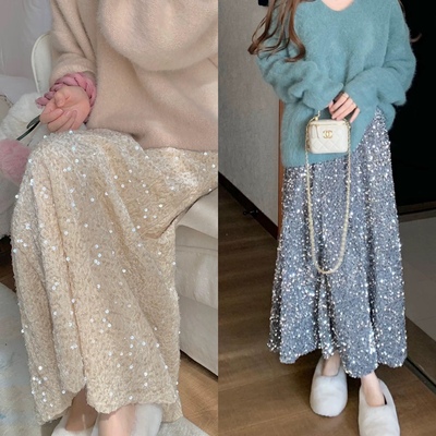 游小姿2025新款bling亮片长裙高腰垂坠感显瘦小众半身裙亮加绒