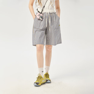 AIMEEWQ25新款 AMS0329 小怪兽抽绳宽松梭织棉布格子抽绳短裤