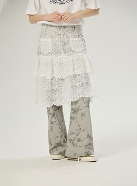 AIMEEWQ 25春秋新款小怪兽设计感假两件高腰显瘦牛仔裙裤AMS0093