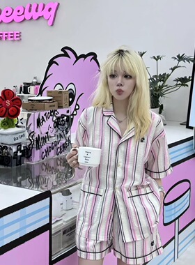 AIMEEWQ 2024新款舒适睡衣男女春夏长短裤条纹长短袖情侣